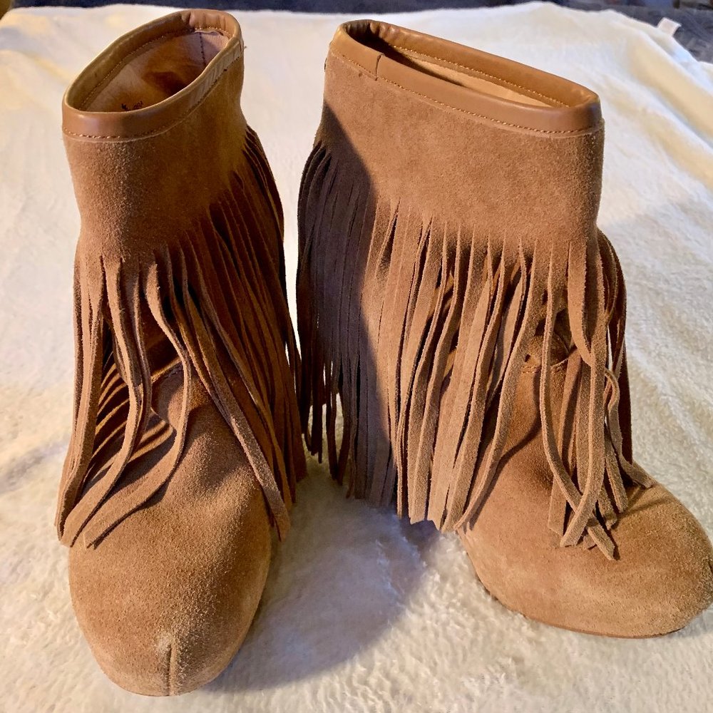 wedge, ankle boots, fringe, suede